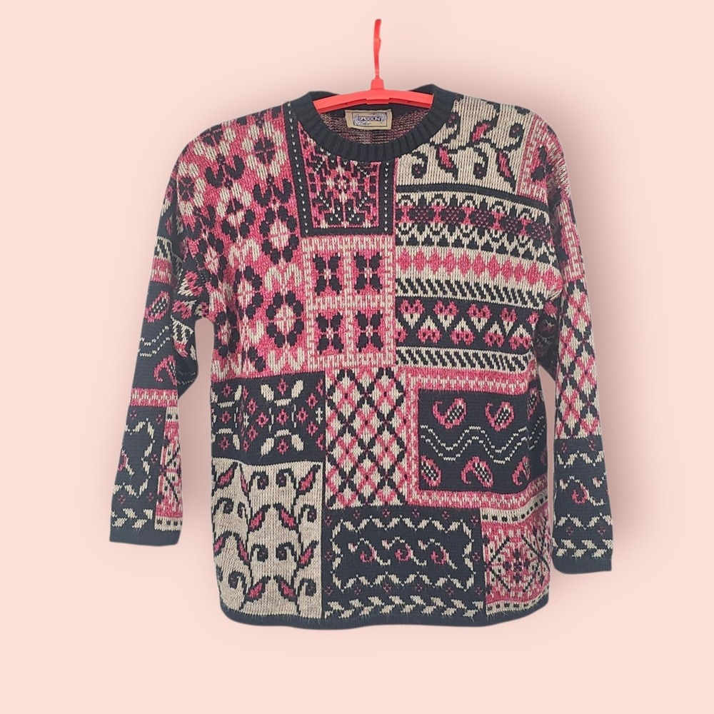 Vintage Sasson 80's Size  Medium Patchwork Pattern‎ Crewneck Knit Made In USA